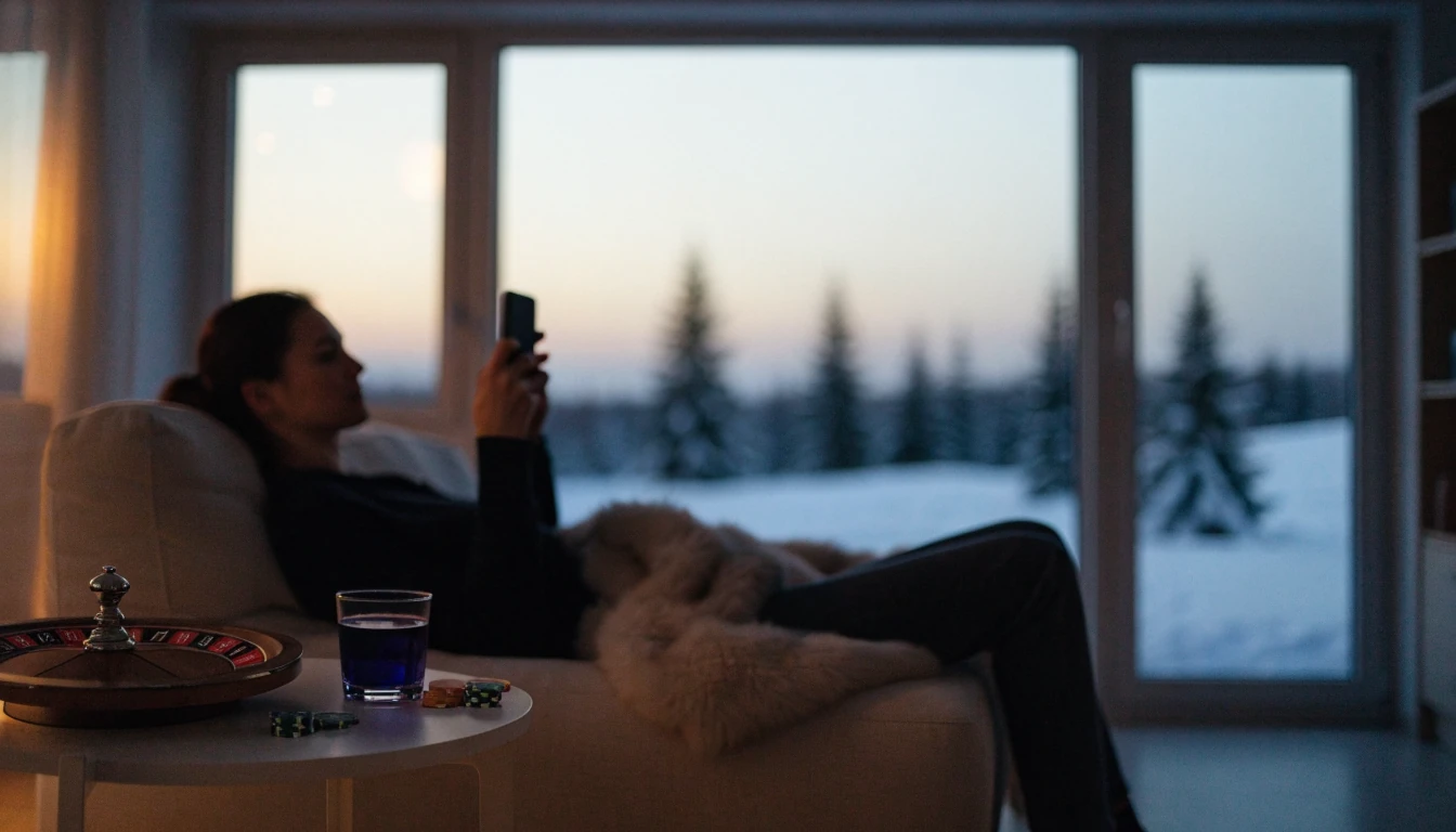 Suomalainen olohuone iltakäytössä, rulettipöytä ja älypuhelin sohvalla