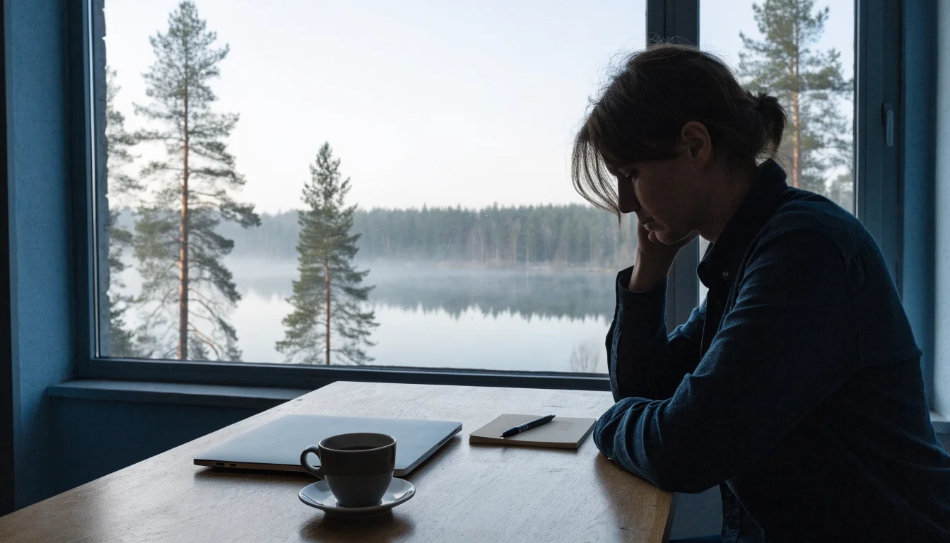 Henkilö miettii muistikirjan äärellä suomalaisen järvimaiseman edessä