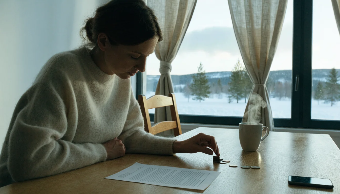 Suomalainen olohuone, pieni kolikkopino ja paperi pöydällä, lumi ikkunassa