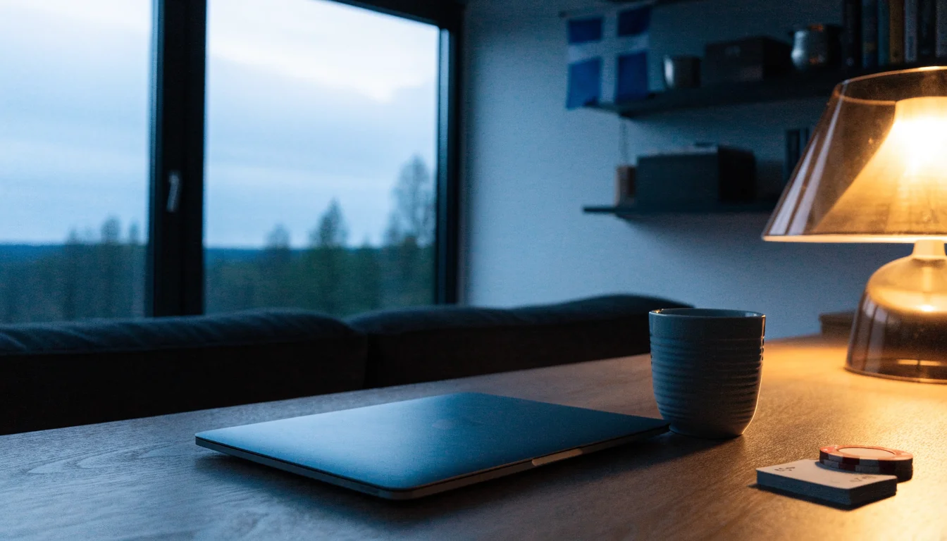 Suomalainen olohuone illalla, kannettava tietokone ja pelikortit pöydällä