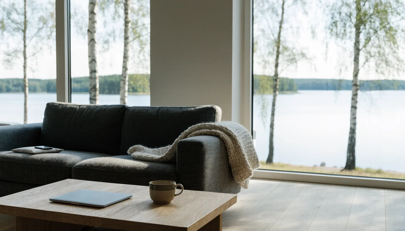 Moderni skandinaavinen olohuone, jossa suljettu kannettava tietokone ja kahvikuppi sohvapöydällä