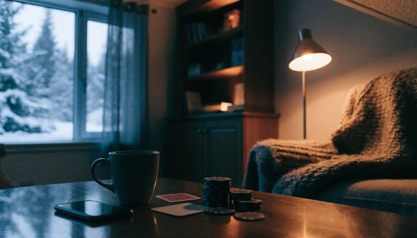 Suomalainen olohuone, älypuhelin ja pokerimerkit pöydällä