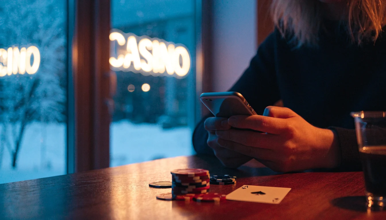 Kädet pitelevät puhelinta kasinomerkkien ja pelikortin vieressä