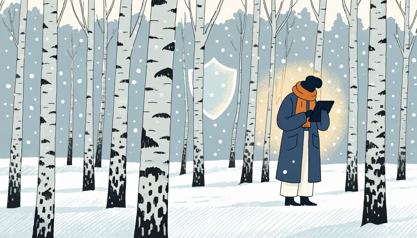 Suomalainen talvinen koivikko, henkilö pitelee tablettia, tietosuojakilpi symbolina