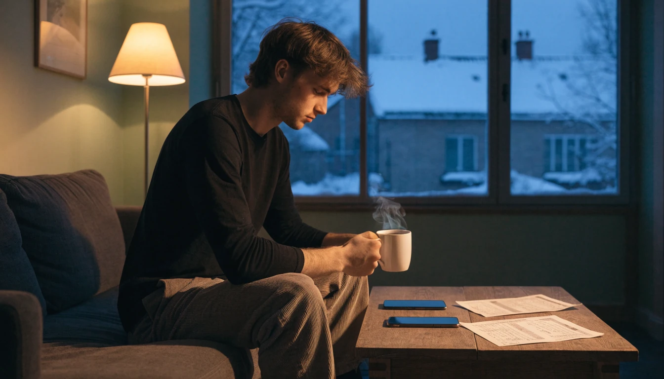 Mies laittaa puhelimen syrjään ja keskittyy kodin arkeen